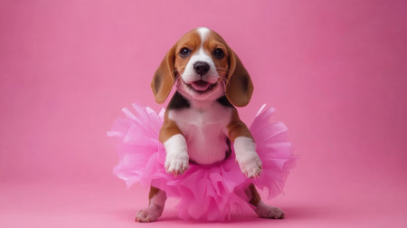 This adorable beagle puppy in a pink tutu brings joy and cuteness, making it ideal for themes of happiness, pets, and playful moments in life. Perfect for cheerful designs!の素材