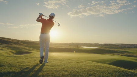 A golfer expertly swings his club at sunset, surrounded by lush greenery and a stunning sky, capturing the essence of outdoor sport and leisure.の素材