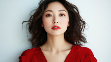 Captivating portrait of a woman with wavy hair and striking makeup in a red dress, showcasing elegance and confidence against a gentle light background.の素材