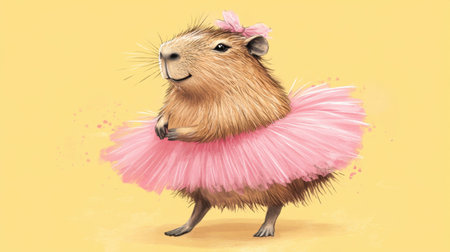This charming illustration features a capybara wearing a pink tutu, perfectly capturing a playful and joyful essence against a sunny yellow background.の素材