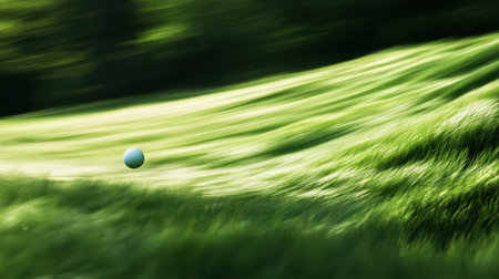 A serene outdoor view showcasing a golf ball rolling across a soft, green lawn, surrounded by blurred grass blades, evoking tranquility and leisure in nature.の素材