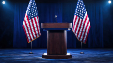 An empty podium with a microphone and American flags creates a powerful backdrop for political speeches and discussions in a formal setting, emphasizing communication and leadership.の素材