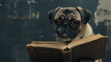 A charming pug wearing glasses reads an old book, creating a whimsical scene that highlights themes of curiosity and wisdom in a cozy setting. Perfect for pet lovers and creative projects.の素材