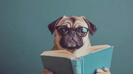 This delightful image features a cute pug dog wearing glasses, engrossed in reading a book. Its charm and playful personality create a humorous and warm atmosphere.の素材