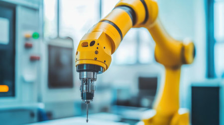A close-up view of a yellow industrial robotic arm in a high-tech manufacturing environment, showcasing advanced automation for precision engineering and efficient production processes.の素材