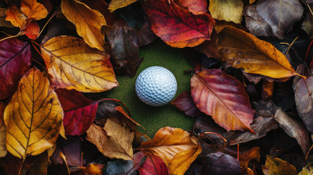 A lone golf ball rests peacefully among a vibrant array of autumn leaves, showcasing the striking colors of fall against a serene green background in nature.の素材