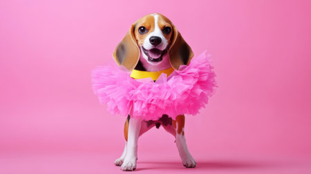 A cheerful beagle dog wearing a vibrant pink tutu smiles at the camera, showcasing its playful personality against a bright pink background. Perfect for pet lovers.の素材