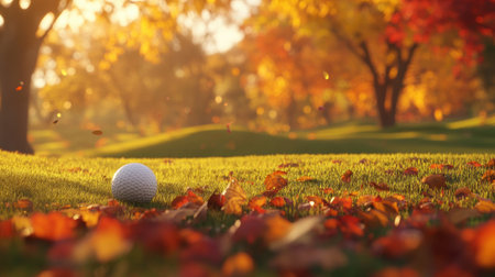 A tranquil golf course enveloped in autumn's vibrant colors, featuring a golf ball resting on lush grass, illuminated by soft morning light amidst falling leaves.の素材