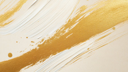Discover an elegant composition of gold and white brush strokes on a canvas surface, ideal for modern art backgrounds and creative projects showcasing luxury and sophistication.の素材