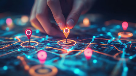 A close-up view of a hand placing a pin on a vibrant digital map filled with GPS markers, representing modern navigation, travel planning, and location discovery.の素材