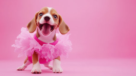 A charming beagle puppy wearing a pink tutu costume radiates joy with its playful expression, set against a vibrant pink background, ideal for animal lovers.の素材