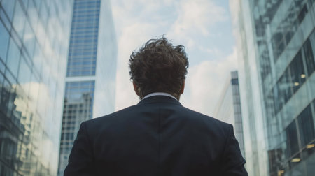 A man in a black suit gazes up at towering skyscrapers, symbolizing ambition and the pursuit of success in a modern urban setting with a bright sky.の素材