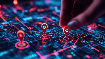 A close-up view of a hand placing a navigation marker on a vibrant digital map. The neon glow and circuit patterns emphasize advanced technology and connectivity.の素材