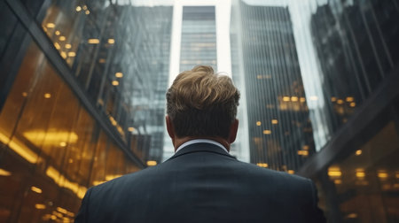 A businessman in a suit stands confidently between towering skyscrapers, reflecting urban life under soft evening light, capturing the essence of corporate success and modern architecture.の素材