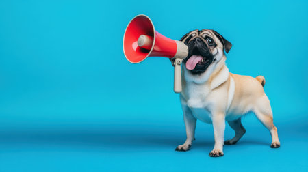 A cheerful pug stands proudly with a megaphone, exuding joy and enthusiasm against a bright blue background, creating a playful and captivating scene.の素材