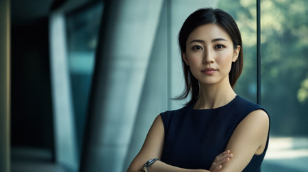 A confident businesswoman stands in a modern office environment, showcasing her professional demeanor and determination, radiating ambition and leadership in her elegant attire.の素材