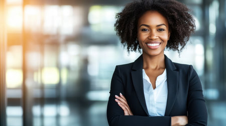 A confident business woman stands in a modern office environment, smiling brightly with arms crossed, embodying professionalism and positive energy in a stylish outfit.の素材