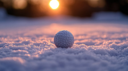 A stunning close-up of a golf ball resting on soft snow, illuminated by the warm glow of the setting sun, capturing the tranquil ambiance of winter sports and nature's beauty.の素材