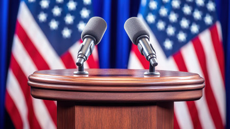 A professional podium featuring two microphones, set against the backdrop of American flags, perfect for political events, press conferences, or public speaking engagements.の素材