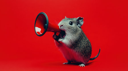 A charming small rodent passionately holds a megaphone against a vibrant red background, capturing the essence of playful communication and creativity in a whimsical manner.の素材