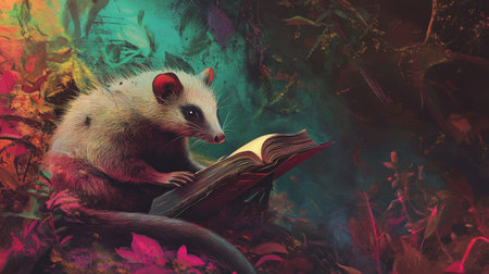 An adorable opossum immersed in a book, set against a vibrant and lush backdrop, radiating a sense of wonder and whimsy in a fantastical woodland environment.の素材