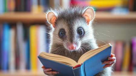A charming possum engrossed in a blue book amidst a cozy library filled with colorful shelves evokes themes of curiosity, learning, and joyful exploration in a whimsical setting.の素材
