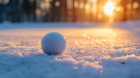 Captivating image featuring a single golf ball resting on a layer of fresh snow, illuminated by the warm, golden light of a sunset, creating a serene winter atmosphere.の素材