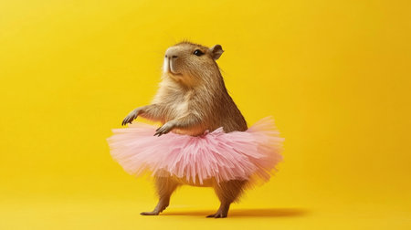 This charming capybara in a pink tutu brings joy and whimsy against a vivid yellow background, capturing the essence of playfulness and happiness in a unique moment.の素材