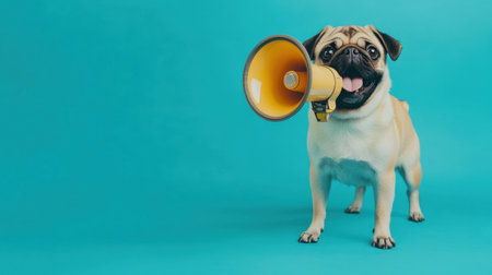 A cheerful pug dog holds a megaphone, radiating excitement and joy against a vibrant turquoise backdrop, perfect for showcasing dog communication and playful energy.の素材