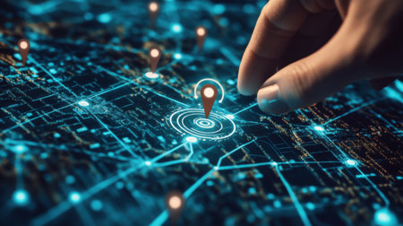 A hand interacts with a digital map, selecting a location pin, showcasing modern navigation technology and the importance of data in urban exploration.の素材