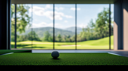 A captivating indoor golf simulator scene featuring a focused golf ball on vibrant green turf, illuminated by natural light, unveiling a breathtaking mountainous landscape through large windows.の素材