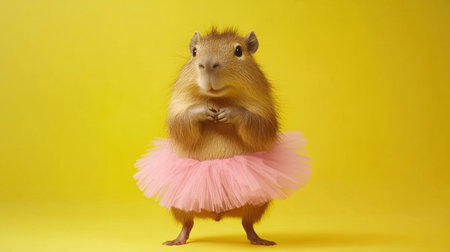 A charming capybara captures attention in a playful pink tutu, radiating joy against a bright yellow backdrop, showcasing a unique and whimsical side of animal photography.の素材