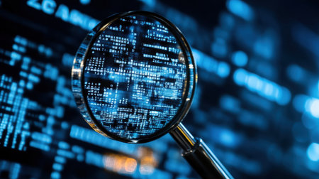 A close-up view of a magnifying glass highlighting intricate digital data on a screen, showcasing binary code and abstract technological elements in a visually engaging manner.の素材