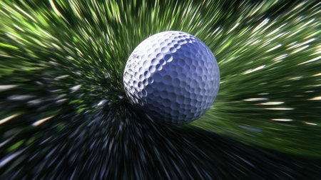A vibrant golf ball captured in motion as it rolls over lush green grass, highlighting the dynamic energy and excitement of playing golf in a beautiful outdoor setting.の素材