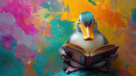 A whimsical scene featuring a colorful duck seated and reading a book, set against a strikingly vibrant painted backdrop that inspires imagination and creativity.の素材