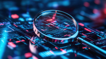 A close-up image of a magnifying glass positioned over a vibrant abstract data background, featuring blue and red light reflections, symbolizing digital analysis and technological exploration.の素材