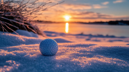 A serene winter scene showcasing a single golf ball resting in soft snow by a frozen lake at sunset, capturing the tranquility of nature against the backdrop of winter beauty.の素材