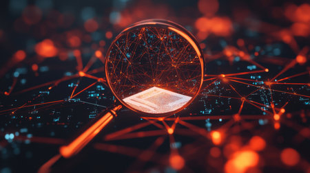 A striking image featuring a magnifying glass over a vibrant digital network, showcasing interconnected nodes within a conceptual technology landscape.の素材