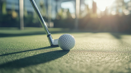 A close-up view of a golf club poised to strike a white golf ball on lush green turf, illuminated by warm sunlight in an outdoor setting, capturing a moment of sporting anticipation.の素材