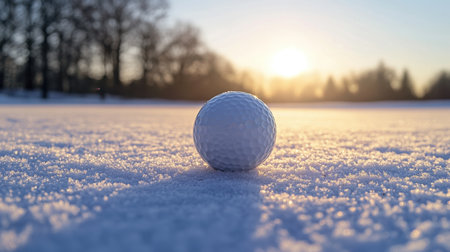 A golf ball sits elegantly on a blanket of snow, illuminated by the soft glow of a sunset, creating a peaceful winter atmosphere perfect for golfing dreams.の素材