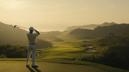 A golfer stands poised on a lush green course at sunrise, gazing over a breathtaking landscape. The scenery features rolling hills and mist, capturing the essence of peaceful outdoor recreation.の素材