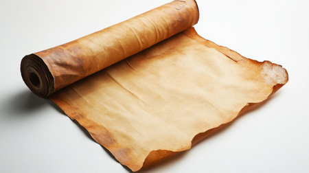 An aged vintage scroll unrolled on a clean surface, displaying a unique texture and warm tones ideal for creative backgrounds and historical themes in various projects.の素材
