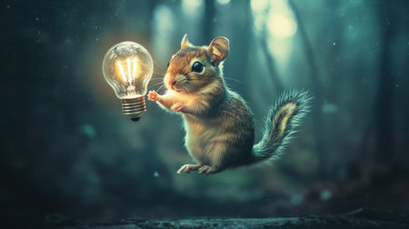 A whimsical scene featuring a flying squirrel delightfully holding a glowing light bulb amidst a mystical forest, creating a captivating and enchanting atmosphere filled with wonder.の素材