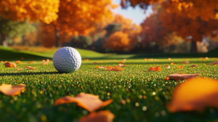 A serene view of a golf ball resting on lush green grass, framed by vibrant autumn leaves, capturing the beauty of nature in a peaceful golf course setting.の素材