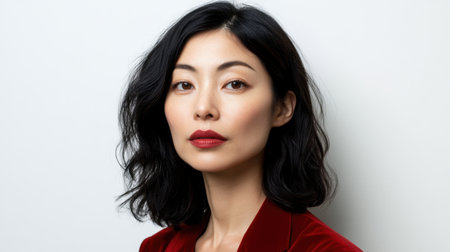 A captivating portrait of a woman with striking features, featuring wavy dark hair and bold red lips. The minimalist background highlights her elegance and confidence.の素材