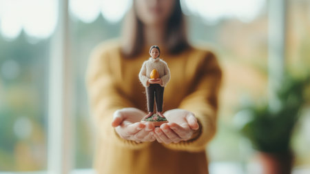 A woman gently cradles a miniature figure in her hands, showcasing themes of care and connection to nature, set against a soothing autumn backdrop.の素材