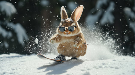This charming image features a bunny joyfully snowboarding in stylish sunglasses, highlighting the playful spirit and excitement of winter sports in a picturesque snowy setting.の素材