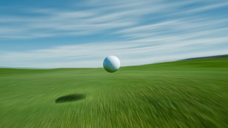 A dynamic image captures a golf ball soaring above vibrant green grass, showcasing energy and movement against a bright blue sky, perfect for sports enthusiasts.の素材