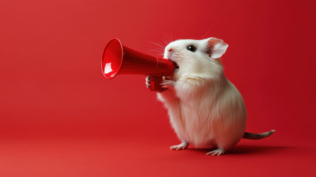 This charming image features a cute white hamster holding a bright red megaphone, set against a bold red background, perfect for creative and lighthearted projects.の素材