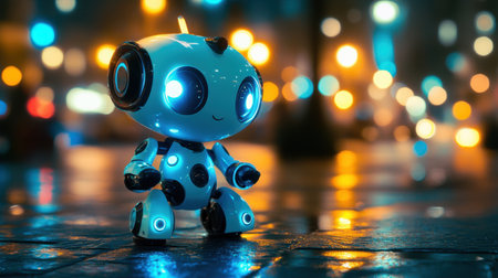 Charming small robot stands on a shimmering street at night, surrounded by vibrant lights, capturing a playful moment in a captivating urban environment.の素材